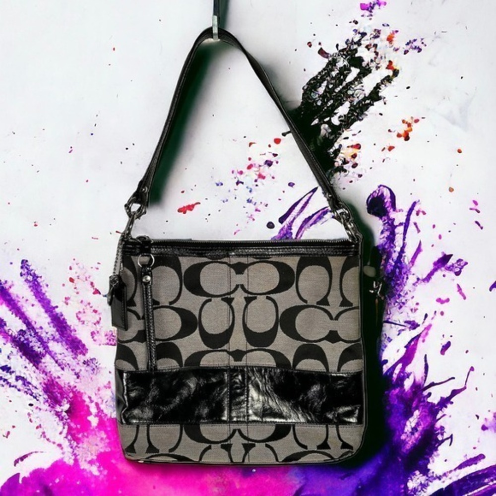 Coach Signature Black and Beige Y2K Style Stripe Detail Satchel Bag - "Ronnie"